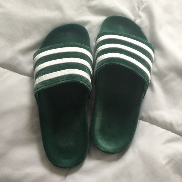 green velvet adidas slides